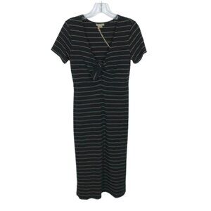 NWT Anama Womens Size Large Black Gold Striped Bodycon Midi Stretch Dress NEW